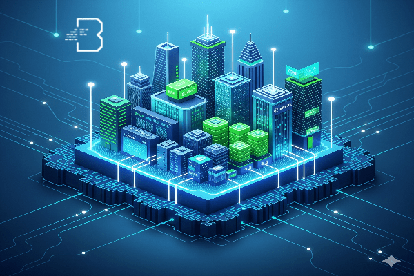"A high-tech digital illustration showing a futuristic cityscape of tall buildings and data centers, built upon a glowing, circuit-board-like foundation. The image, in a deep blue and vibrant green color palette, symbolizes an operating system as a secure and scalable base for a thriving online business."