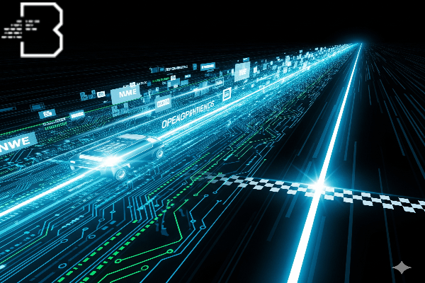 "A dynamic, high-speed digital rendering of data flowing rapidly along a circuit board track, resembling a race car on a neon-lit highway towards a finish line. The vibrant blue and green lines against a dark background symbolize the speed and efficiency of an optimized operating system driving fast web performance and online success."