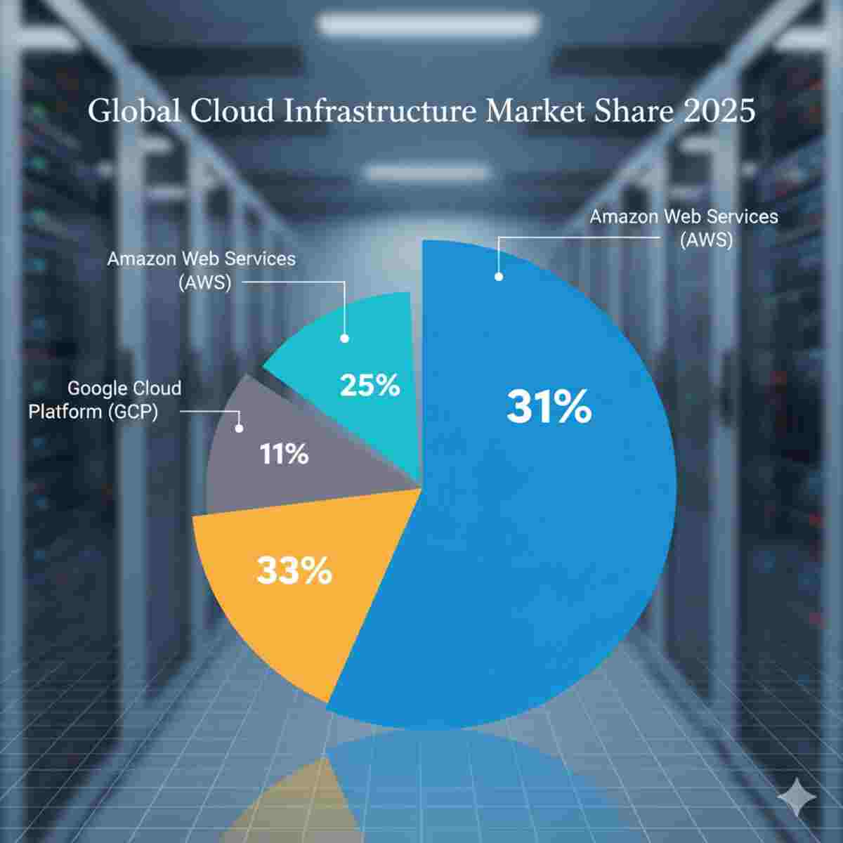 نمودار دایره‌ای سهم بازار ارائه‌دهندگان رایانش ابری در سال 2025، شامل AWS با 31%، Azure با 25%، GCP با 11% و "سایرین" با 33% سهم.