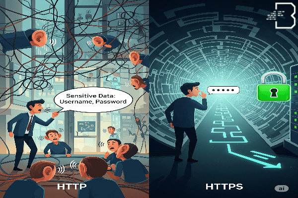 مقایسه تصویری HTTP و HTTPS. در سمت چپ (HTTP)، شخصی اطلاعات حساس را در یک فضای عمومی و ناامن فریاد می‌زند که همه آن را می‌شنوند. در سمت راست (HTTPS)، همان شخص اطلاعات را در یک تونل رمزنگاری‌شده امن به سرور زمزمه می‌کند.